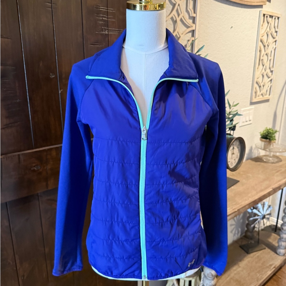 Under Armour Royal Blue Zip-Up Bomber Jacket with Aqua Trim - Picture 2 of 5